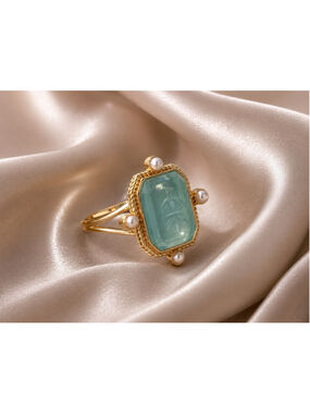 Museum Intaglio Ring Sz 9 Green Pearl Gold Cameo Flower Blue Geometric Boho VTG